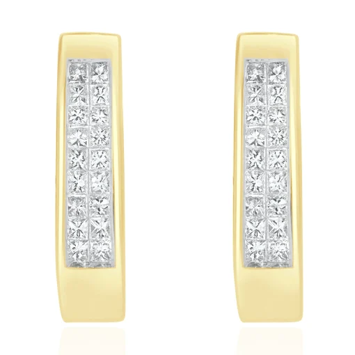 14 Karat Yellow Gold Channel Set Princess Cut Diamond Hoop Earrings