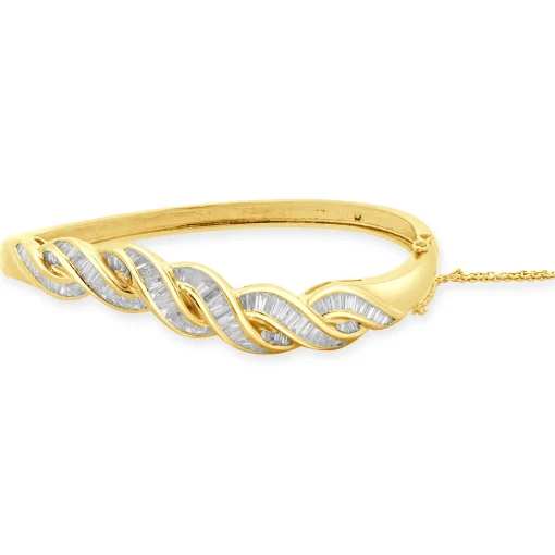 18 Karat Yellow Gold Channel Set Baguette Cut Diamond Braided Bangle Bracelet