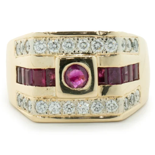 14 Karat Yellow Gold Diamond and Ruby Three Row Signet Style Ring