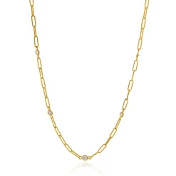 14 Karat Yellow Gold Diamond Paperclip Station Necklace