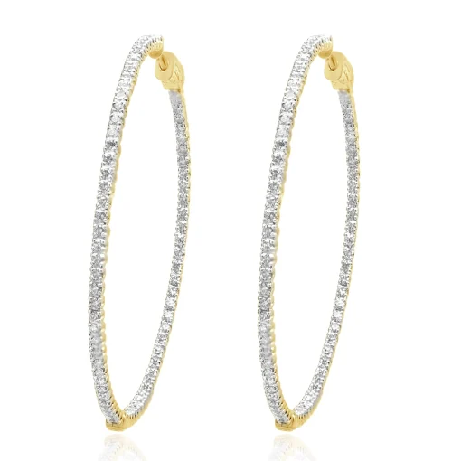 14 Karat Yellow Gold Diamond Inside Outside Hoop Earrings