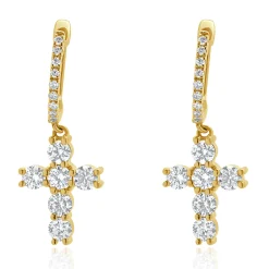 18 Karat Yellow Gold Diamond Cross Drop Earrings