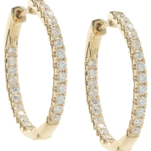 18 Karat Yellow Gold Diamond Inside Outside Hoop Earrings