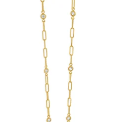 14 Karat Yellow Gold Diamond Paperclip Station Necklace