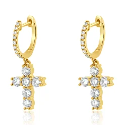 18 Karat Yellow Gold Diamond Cross Drop Earrings