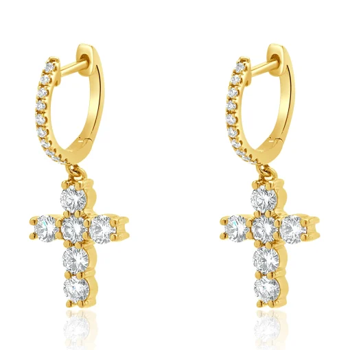 18 Karat Yellow Gold Diamond Cross Drop Earrings