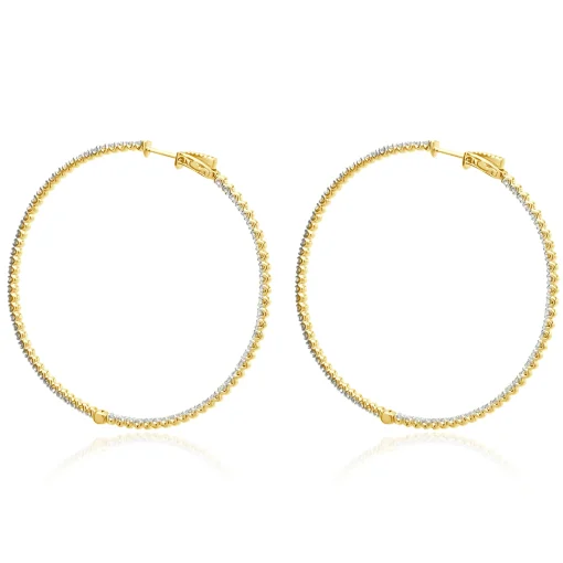 14 Karat Yellow Gold Diamond Inside Outside Hoop Earrings
