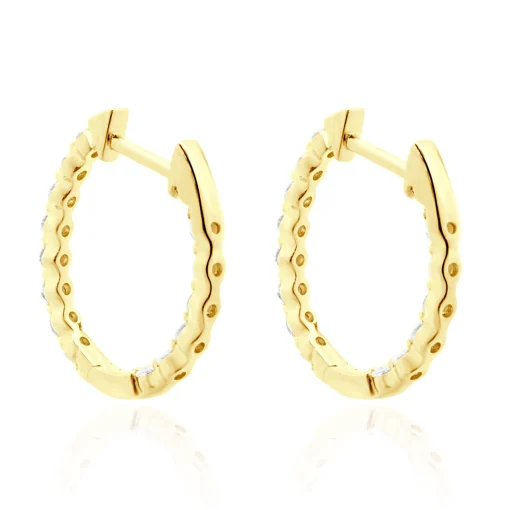 18 Karat Yellow Gold Diamond Inside Outside Huggie Hoop Earrings