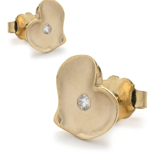 14 Karat Yellow Gold Diamond Heart Stud Earrings