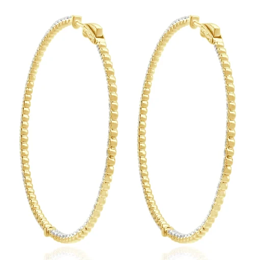 14 Karat Yellow Gold Diamond Inside Outside Hoop Earrings
