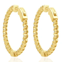 14 Karat Yellow Gold Diamond Inside Outside Hoop Earrings