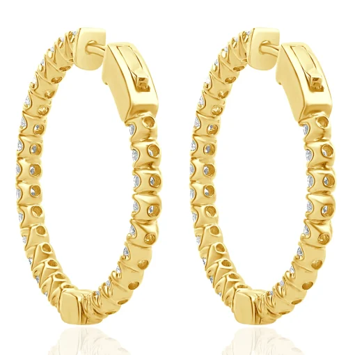 14 Karat Yellow Gold Diamond Inside Outside Hoop Earrings