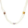 14 Karat Yellow Gold Double Strand Pearl Necklace with Multi Colored Gemstone Stations