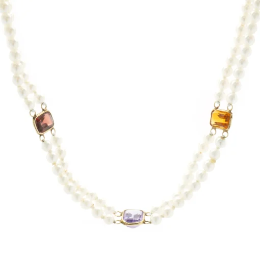 14 Karat Yellow Gold Double Strand Pearl Necklace with Multi Colored Gemstone Stations