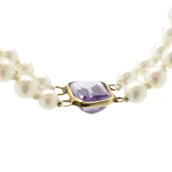 14 Karat Yellow Gold Double Strand Pearl Necklace with Multi Colored Gemstone Stations