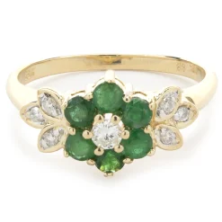 14 Karat Yellow Gold Emerald and Diamond Flower Ring