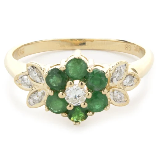 14 Karat Yellow Gold Emerald and Diamond Flower Ring