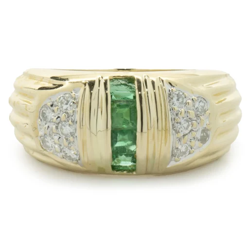 18 Karat Yellow Gold Emerald and Diamond Ribbed Ring