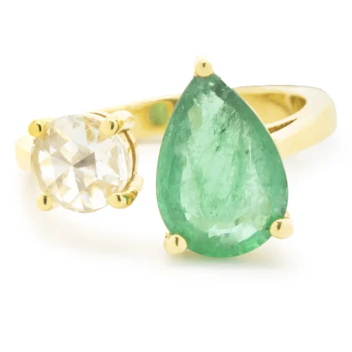 18 Karat Yellow Gold Emerald and Rose Cut diamond Dual Ring