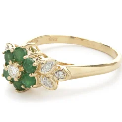 14 Karat Yellow Gold Emerald and Diamond Flower Ring