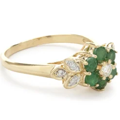 14 Karat Yellow Gold Emerald and Diamond Flower Ring