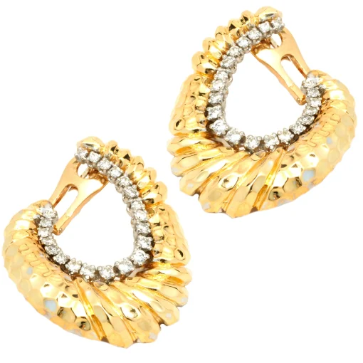 18 Karat Yellow Gold Faceted Ornate Diamond Oval Earrings