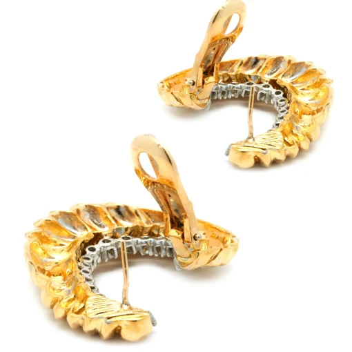 18 Karat Yellow Gold Faceted Ornate Diamond Oval Earrings