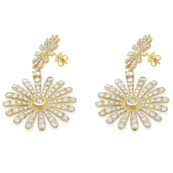 18 Karat Yellow Gold Flower Diamond Drop Earrings