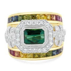 18 Karat Yellow Gold Green Tourmaline, Rainbow Sapphire, and Diamond Ring