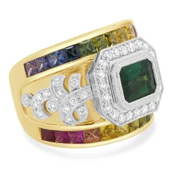 18 Karat Yellow Gold Green Tourmaline, Rainbow Sapphire, and Diamond Ring