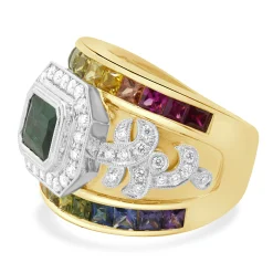 18 Karat Yellow Gold Green Tourmaline, Rainbow Sapphire, and Diamond Ring