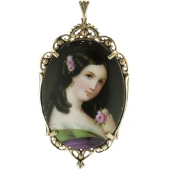 14 Karat Yellow Gold Hand Painted Porcelain Pendant