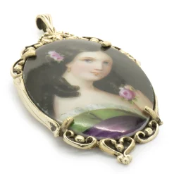 14 Karat Yellow Gold Hand Painted Porcelain Pendant