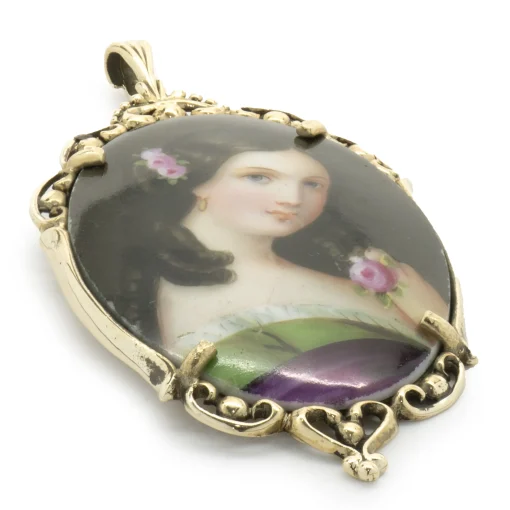 14 Karat Yellow Gold Hand Painted Porcelain Pendant