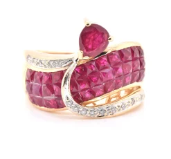 18 Karat Yellow Gold Invisible Set Pigeons Blood Ruby and Diamond Ring