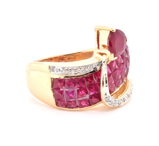 18 Karat Yellow Gold Invisible Set Pigeons Blood Ruby and Diamond Ring