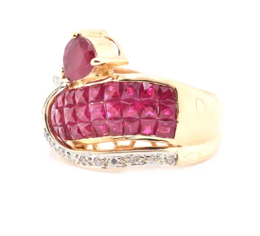18 Karat Yellow Gold Invisible Set Pigeons Blood Ruby and Diamond Ring