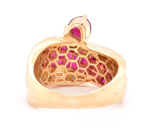 18 Karat Yellow Gold Invisible Set Pigeons Blood Ruby and Diamond Ring