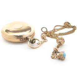 18 Karat Yellow Gold Jump Hour Hunting Case Pocket Watch with 10 Karat Yellow Gold
