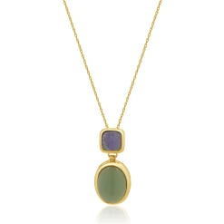 14 Karat Yellow Gold Lavender and Green Jadeite Drop Necklace