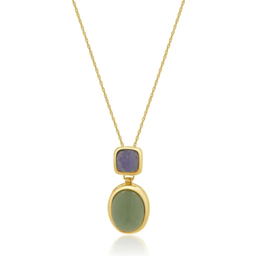 14 Karat Yellow Gold Lavender and Green Jadeite Drop Necklace