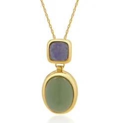 14 Karat Yellow Gold Lavender and Green Jadeite Drop Necklace