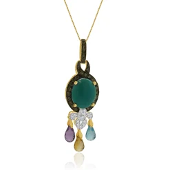 14 Karat Yellow Gold Multi Gemstone and Diamond Tassle Necklace