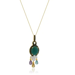 14 Karat Yellow Gold Multi Gemstone and Diamond Tassle Necklace