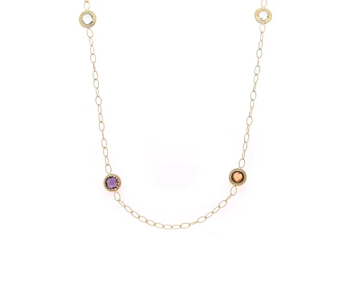 14 Karat Yellow Gold Multi-Gemstone Station Necklace