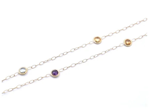 14 Karat Yellow Gold Multi-Gemstone Station Necklace