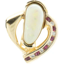 14 Karat Yellow Gold Opal, Diamond, and Ruby Freeform Pendant