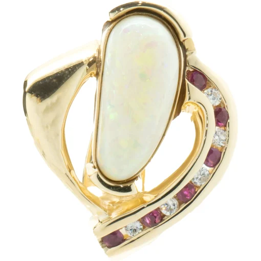 14 Karat Yellow Gold Opal, Diamond, and Ruby Freeform Pendant