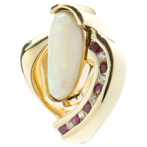 14 Karat Yellow Gold Opal, Diamond, and Ruby Freeform Pendant