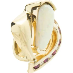 14 Karat Yellow Gold Opal, Diamond, and Ruby Freeform Pendant